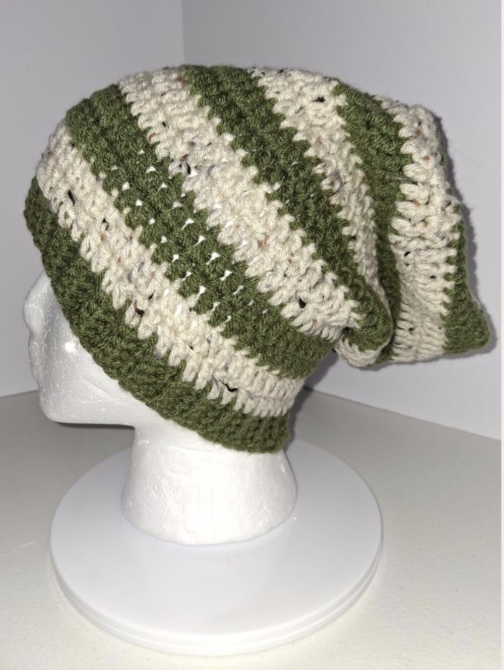 Beanie Slouchy Cap XL Olive Green And Beige Striped Crocheted Handmade